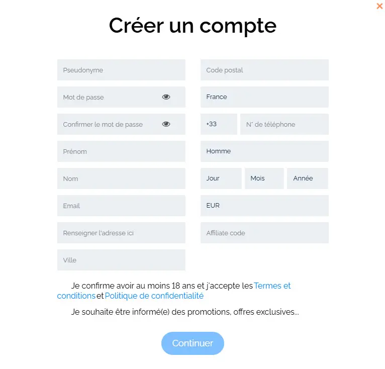 Processus d'inscription WizeBets Casino
